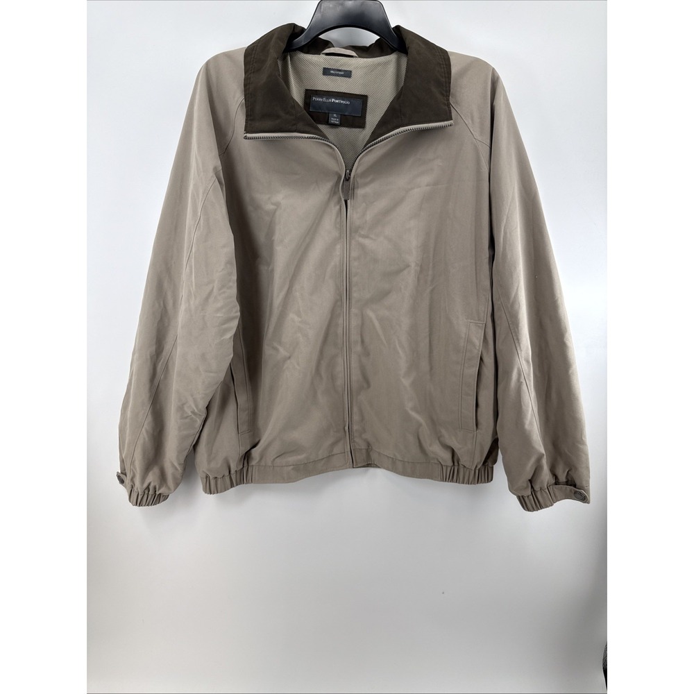 Perry Ellis Portfolio Tan Microfiber Jacket Full Zip Mesh Lined Mens Large - Picture 2 of 9